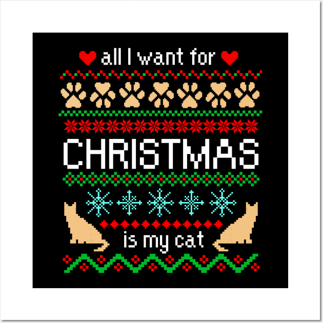 All I Want for Christmas is My Cat Ugly Sweater Black Wall Art by julieerindesigns